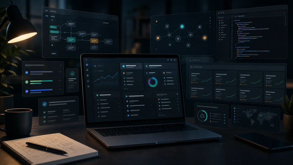 Dark product workspace for an AI independent developer building web tools